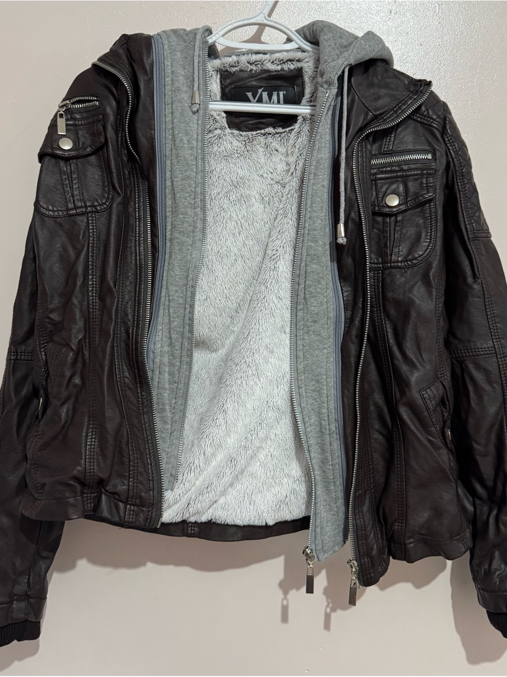 Ymi women's Chocolate Brown Faux Leather Hooded Jacket with Gray Fur Liner